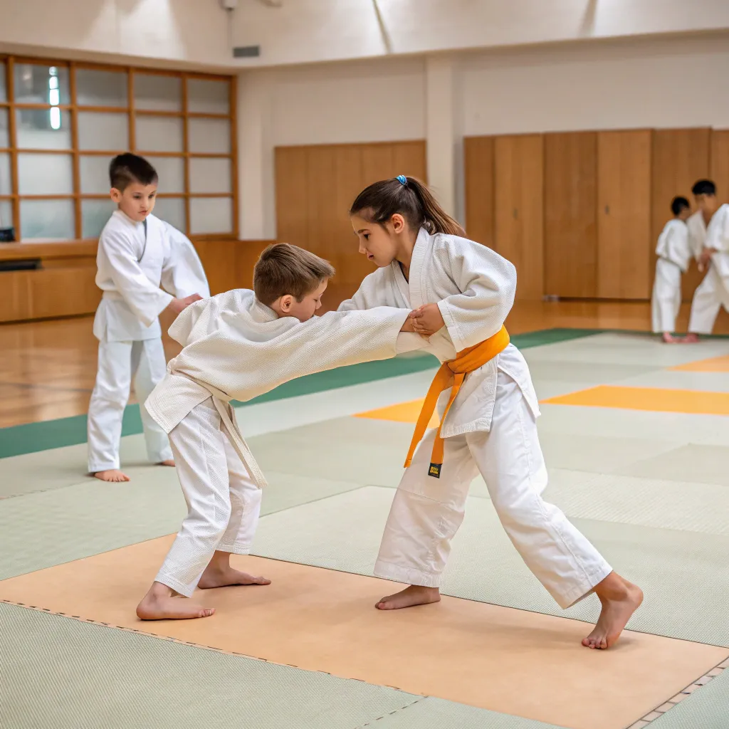 Kids practicing judo in a dojo